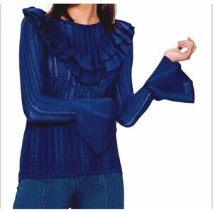 Knit Shirt Women’s Small Navy Blue Lightweight Sweater Crochet Ruffle Tomato